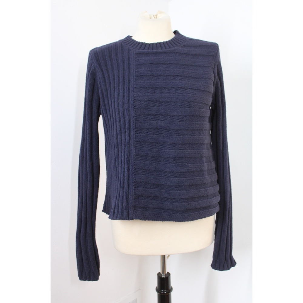Vince L Blue Mixed Wide Rib Knit Cotton Blend Crew Neck Sweater